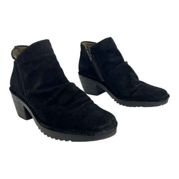 Fly London Size 39 Wezo Ankle Boots Oil Suede Side Zip Stacked Block Heel Black - Picture 1 of 8